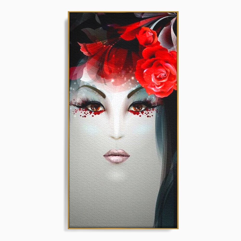 Tablou canvas cu tablou portret feminin cu trandafiri rosii, in rama de aluminiu auriu